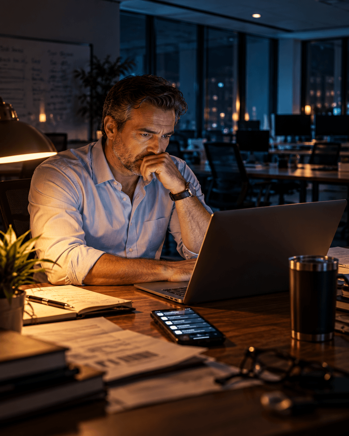 An owner alone at the office late at night